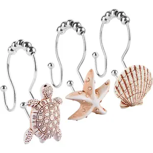 P-BS034  Double Shower Curtain Hooks,12Pcs Seashell Shower Curtain Hooks Double Shower Curtain Hooks Decorative Bathroom for Home Bathroom Bedroom Living Room Decoration Hanging