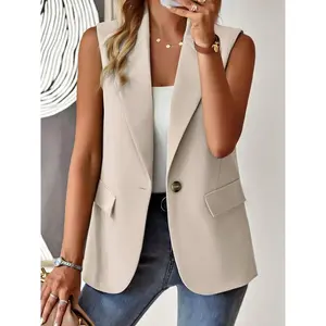Button Front Lapel Vest, Elegant Solid Color Sleeveless Vest For Spring & Fall, Women's Clothing