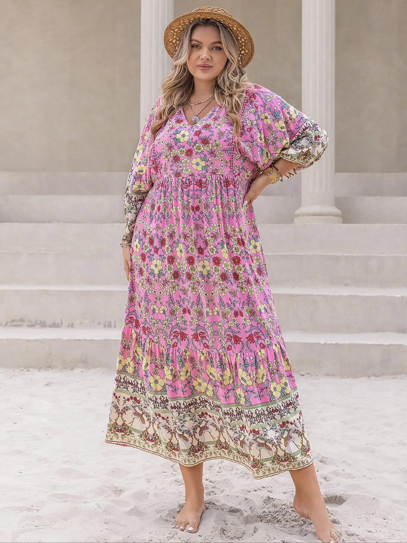 Plus Size Casual Fashion Breathable Floral Print Ruched Contrast Lace Ruffle Hem Bishop Sleeve Dress, Boho V Neck Long Sleeve A Line Dress for Summer Beach Holiday Vacation, Women's Clothes for All Seasons