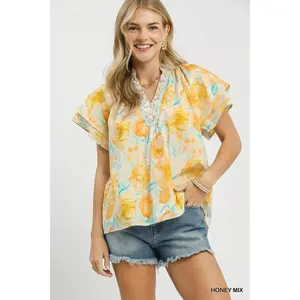 UMGEE Mix Floral Print Blouse with Crochet Lace Trim **DEBUT SALE**