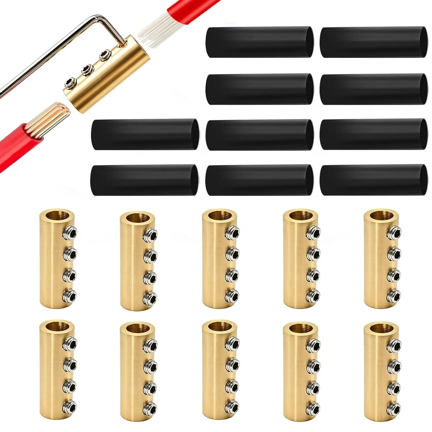 10Pcs Butt-Shape Wire Connectors Kit for DIY Users - 6-10AWG (6,8,10 Gauge) Brass 4-Nut Splice, Waterproof Battery Cable Terminal, 40 Screws, 10 Heat Shrinks, 1 Tube Wrench for Home Improvement Building Supplies