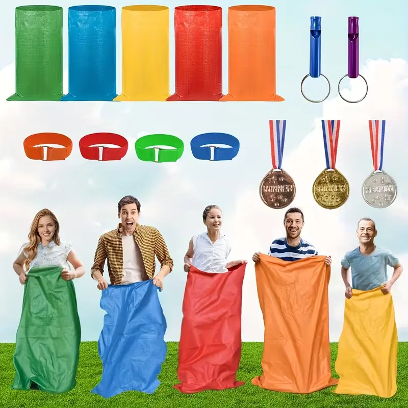 14-Pc Colorful Lightweight Potato Sack Race Set, Foldable Durable Sacks with Elastic Bands, Plastic Medals, Child-Adult Outdoor Lawn Party Game Supplies (Home Miscellaneous Essentials Gift)