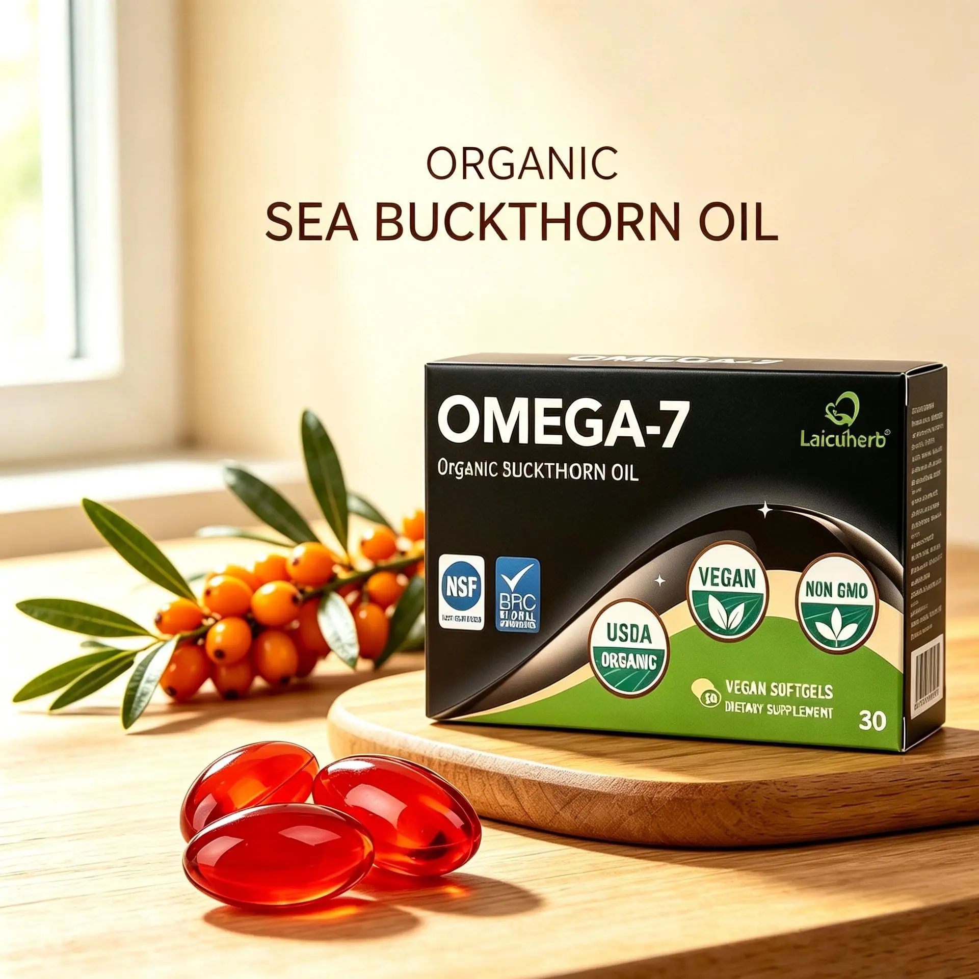 Organic Sea Buckthorn Oil Softgels 1000mg, Pure Plant-Based Supplement with Naturally Occurring Omega-7 Omega-3 Omega-6 Omega-9, Vegan Non-GMO, USDA Organic, 30 Count
