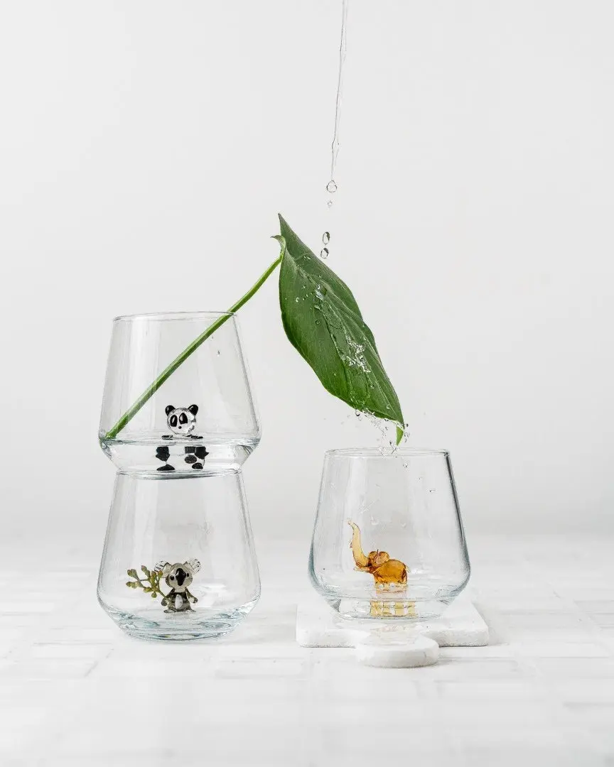 Drinking Glass Set of 3 with Handmade Tiny Animal Figures, Koala Bear, Koala Gifts, Elephant Gifts, Panda Mug, Panda Gifts, Wine Glasses