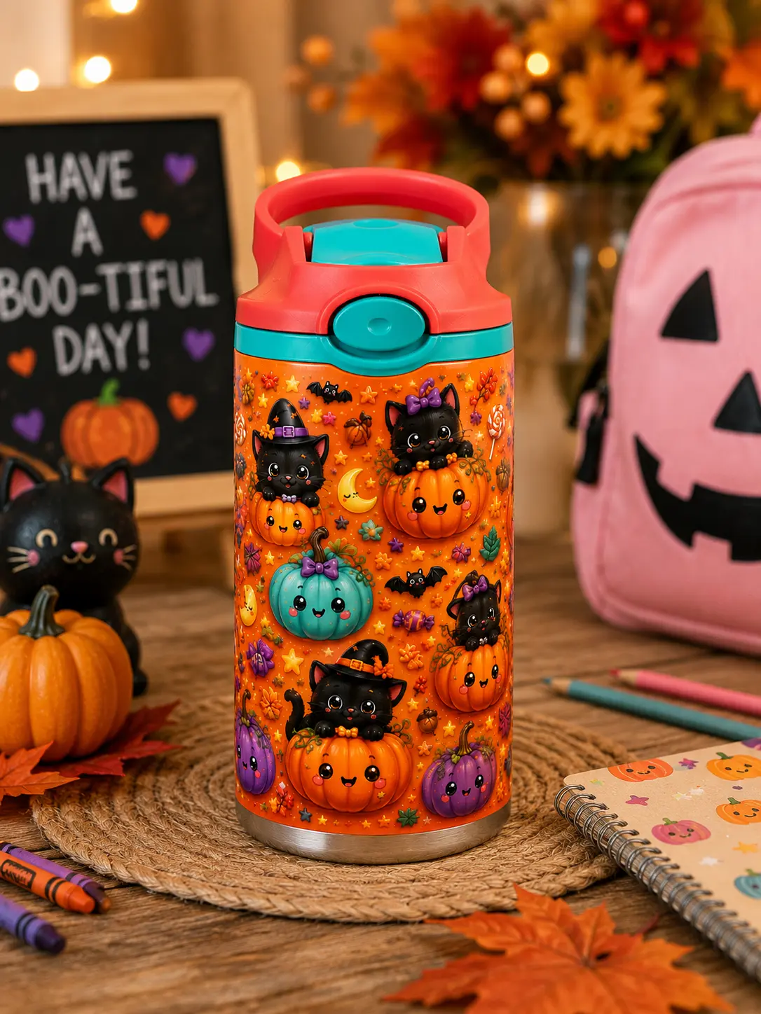 Little Pumpkin Patch 12oz Kids Tumbler | Black Cat & Pumpkin Halloween Cup
