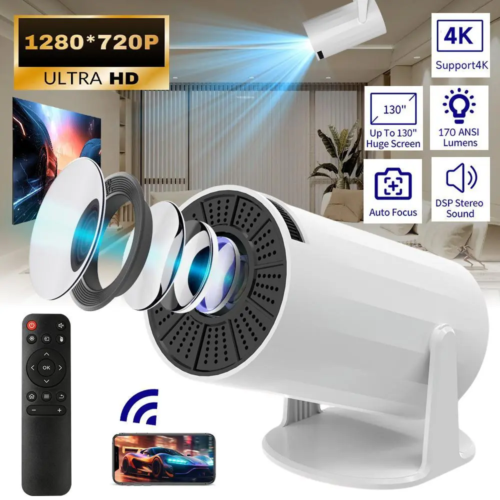 Portable Smart Projector with WiFi 6, Bluetooth 5.4, 180° Rotatable Design, 1280x720P Native Resolution, 4K Support, Auto Focus, Auto Keystone, 170 ANSI Lumens, Built-in Android 11, 130" Screen for Home Theater, Outdoor Movies Compatible with Phone/PC/PS5