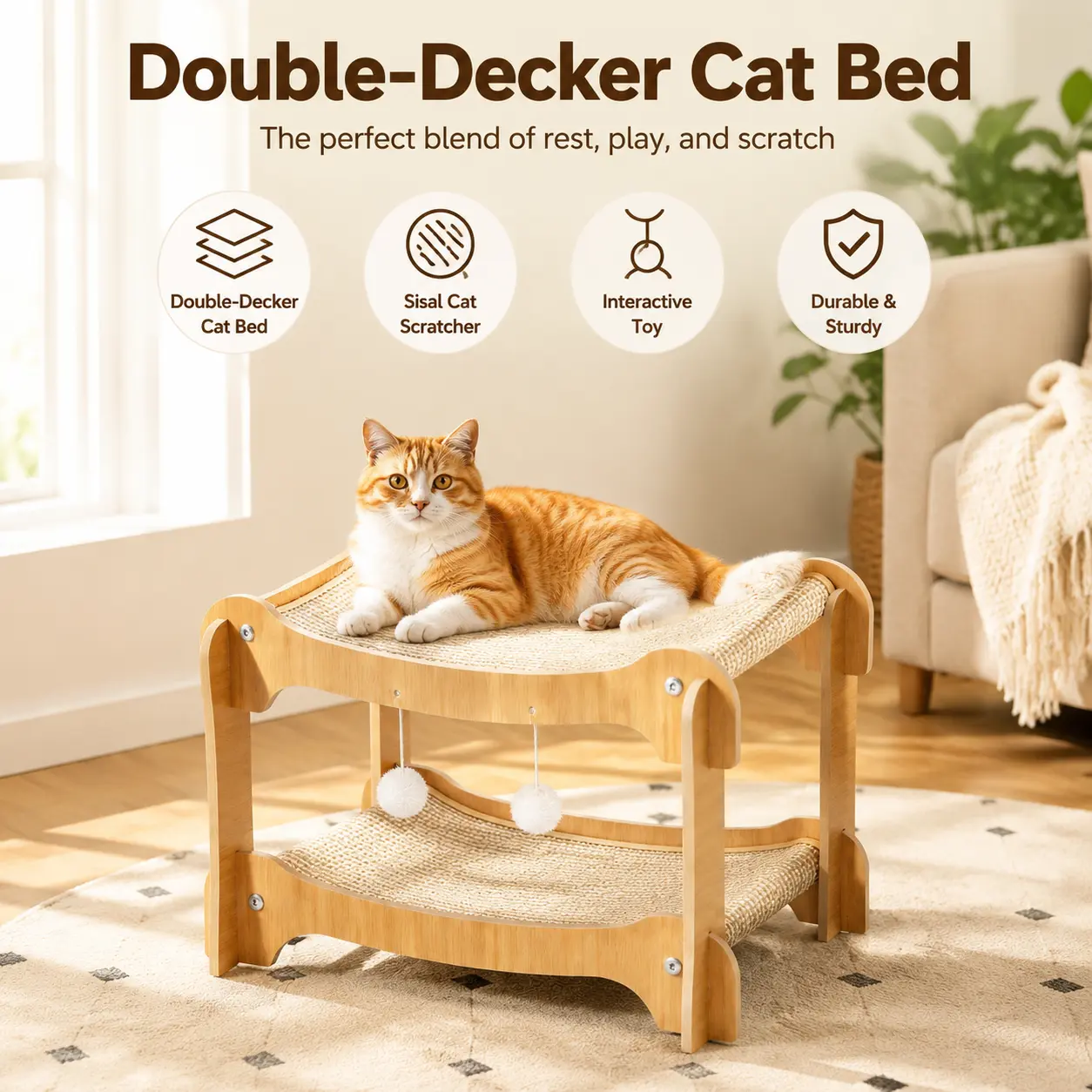2 Tier Cat Wooden Bed, DoubleLayer Hammock Pet Bed with SisalPad, Double Level Wooden Cat Bedfor Indoor Cats, Can AccommodateTwo Cats at The Same Time , All-Season Use for Play And Rest ,Modern Pet Furniture for IndoorCats  ,Cute Gift for PetOwners