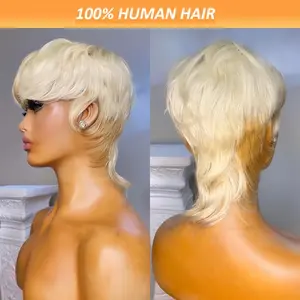 Wholesale New Fashion Elegant Short Pixie Bob Wig for Women, 150% Density Straight Human Hair, Rose Net Cap, Machine Made Wig with Bangs, Layered Wavy Style, Non-Lace Front, with Blonde Mullet Cut