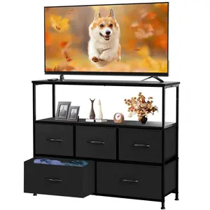 Sweetcrispy 5 Fabric Drawer Dresser TV Stand for Bedroom Entertainment Center for 45 Inch TV with Storage Drawer Unit Open Shelf Adjustable Feet Living Room Black