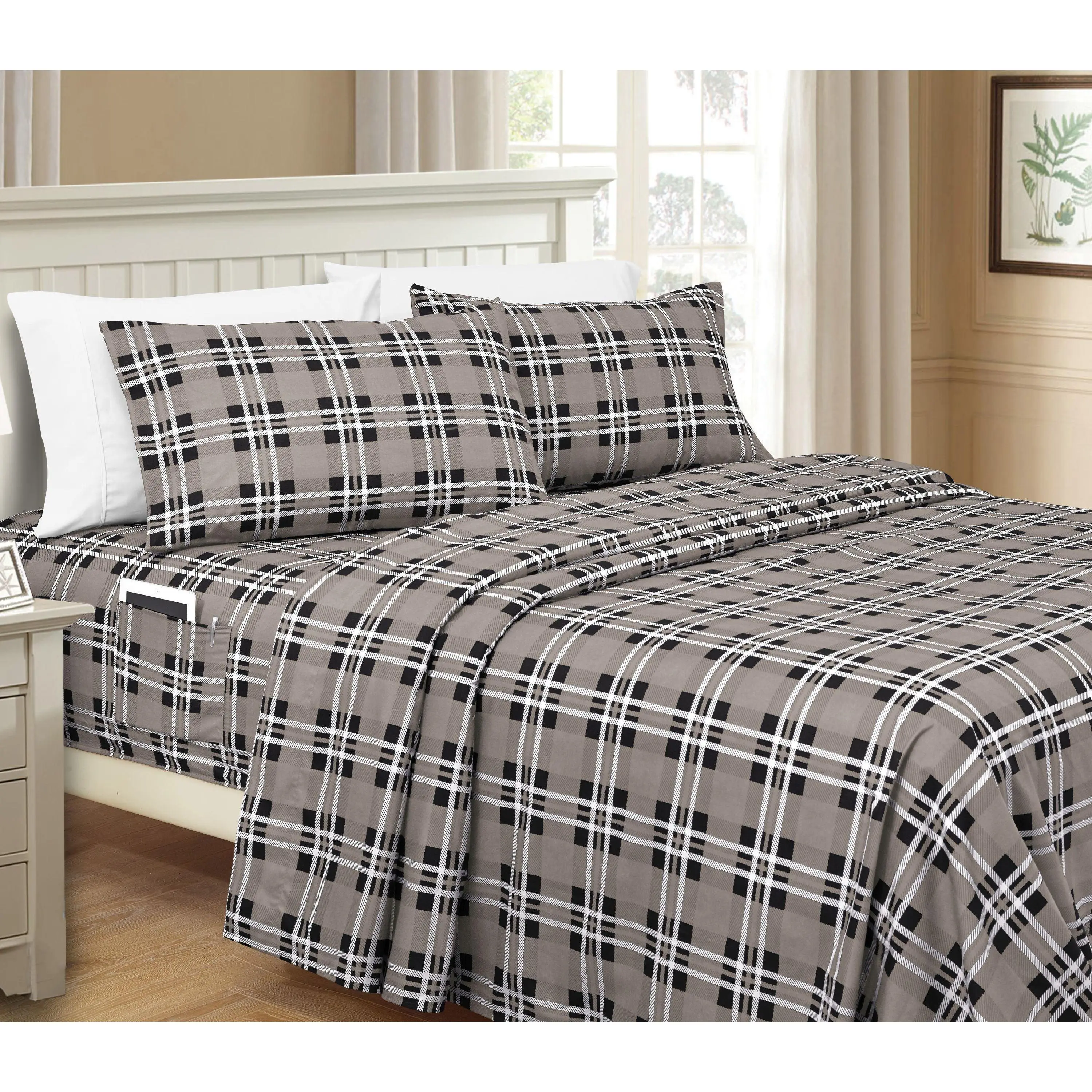 Elegant Comfort 6-Piece Plaid Pattern Bed Sheet Set - Ultra Soft Hotel Quality with Deep Pocket Fitted Sheet & Smart Storage Pockets