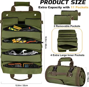 Roll Up Tool Bag Organizer, Heavy Duty Compact Tool Roll with 4 Large Compartments & 2 Zipper Pouches, Portable Motorcycle Tool Storage for Men, RV & Handyman, Green