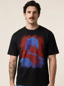 2D Flat Abstract Art Design With Blue And Red Hand Silhouette On Black T-Shirt Acrylic Pendant Ornament For Home Decor And Fashion Statement Holiday Gift For Friends