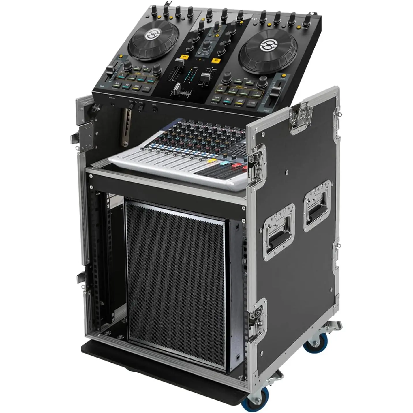 10U Sturdy PP Portable 1*PA DJ Rack-Road ATA Case - Rubber-PC Build, Roller Wheels, Slant Top, 25in Depth Rolling Cabinet, for Mixers, DVD Players, Pro Tour Live Sound Equipment Storage, Studios