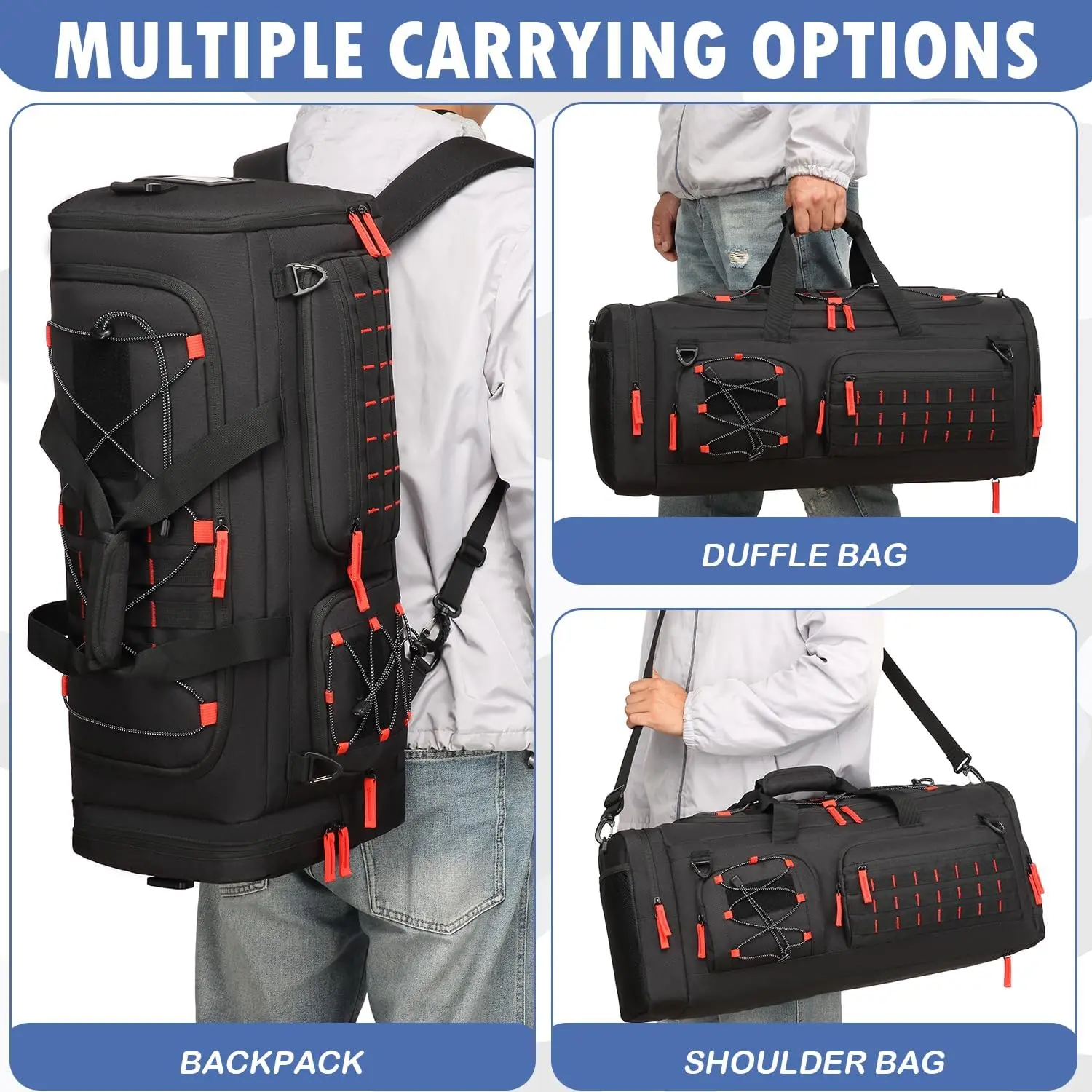 Gym Bag for Men and Women, 50L Duffle Bag, 3-in-1 Travel Duffel Bags with  Shoe & Laptop Compartment for Overnight Weekender Gym Traveling Workout  Deployment, Black+Red - TikTok Shop