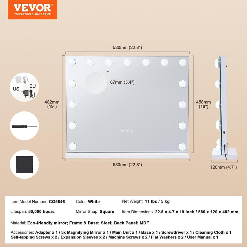 VEVOR Hollywood Vanity Mirror With Lights, TikTokShopBlackFriday,15 Dimmable Bulbs &3 Color Lighting Modes, Makeup Mirror w/ Detachable 5X Magnification,USB Port,Smart Touch Control,Desktop Wall-mount(22.8x18.1 in, White)