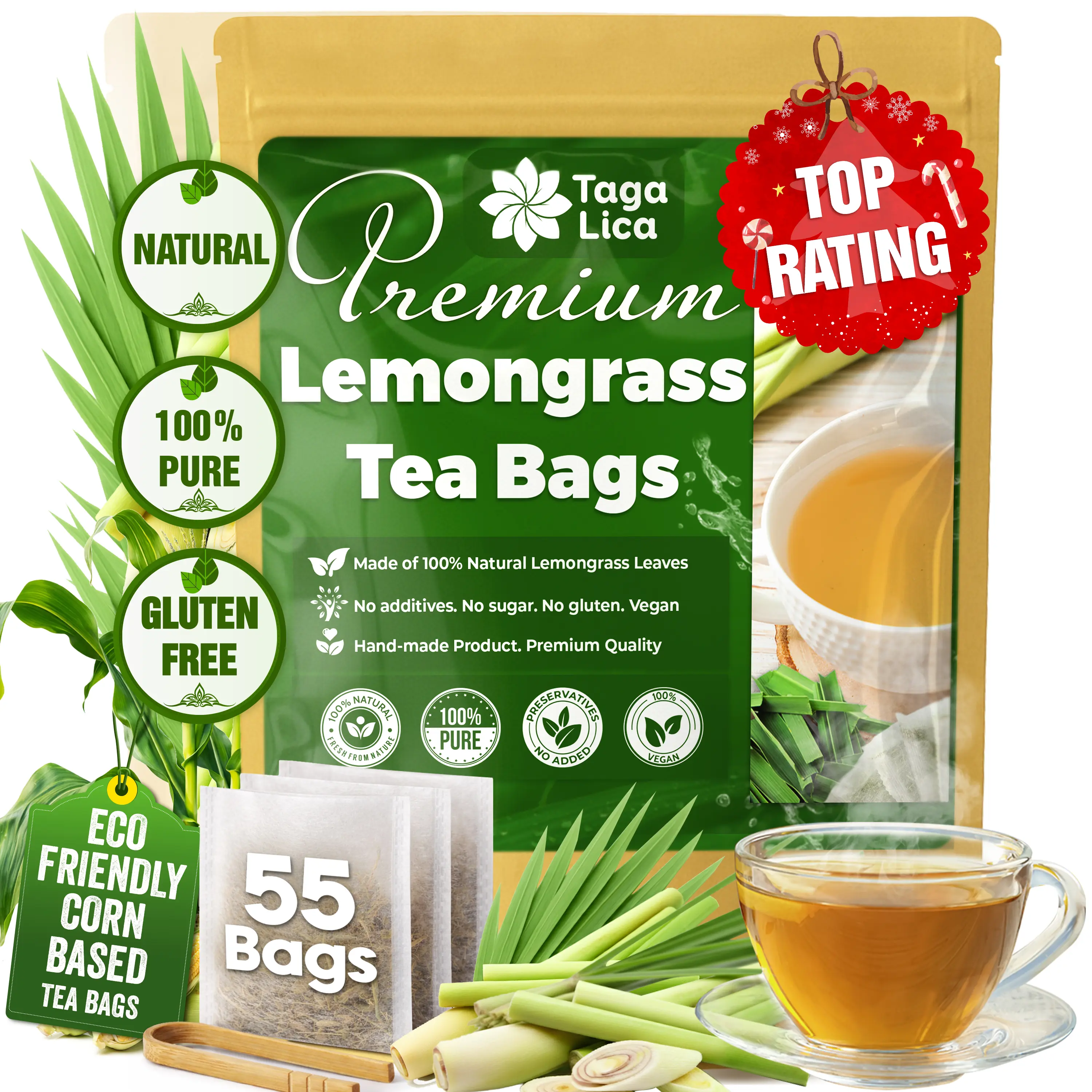 【FreshDrinkUS】 Lemongrass Herbal Tea Bags, 55 Count, 100% Natural & Pure Lemongrass leaves, Lemongrass Herbal Tea. Lemongrass Leaf Tea, No Sugar, No Caffeine, No Gluten, Vegan, Eco-Friendly - Beverage