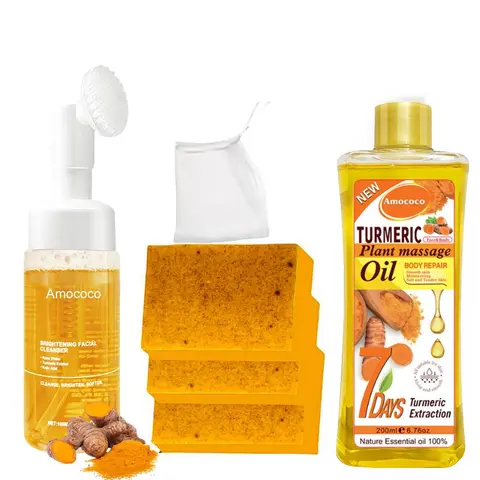 Turmeric 3-Piece Bodycare Set - Youth-Focused Spa & Wellness Gift Set, No Harmful Additives, Includes Cleansing Mousse (Facial Cleanser), Soothing Massage Oil, Damascus Rose Water-Infused Soap for Facial & Body Cleansing, Spa Gift Set
