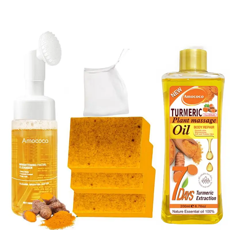 Turmeric Wash and Care Three PiecesetTurmeric massage oil, TurmericCleansing MousseTurmeric SoapFacial Cleansing Skincare,FacialCleansing Cleanser, Body cleansingsoap, Body massage oil Soap Set