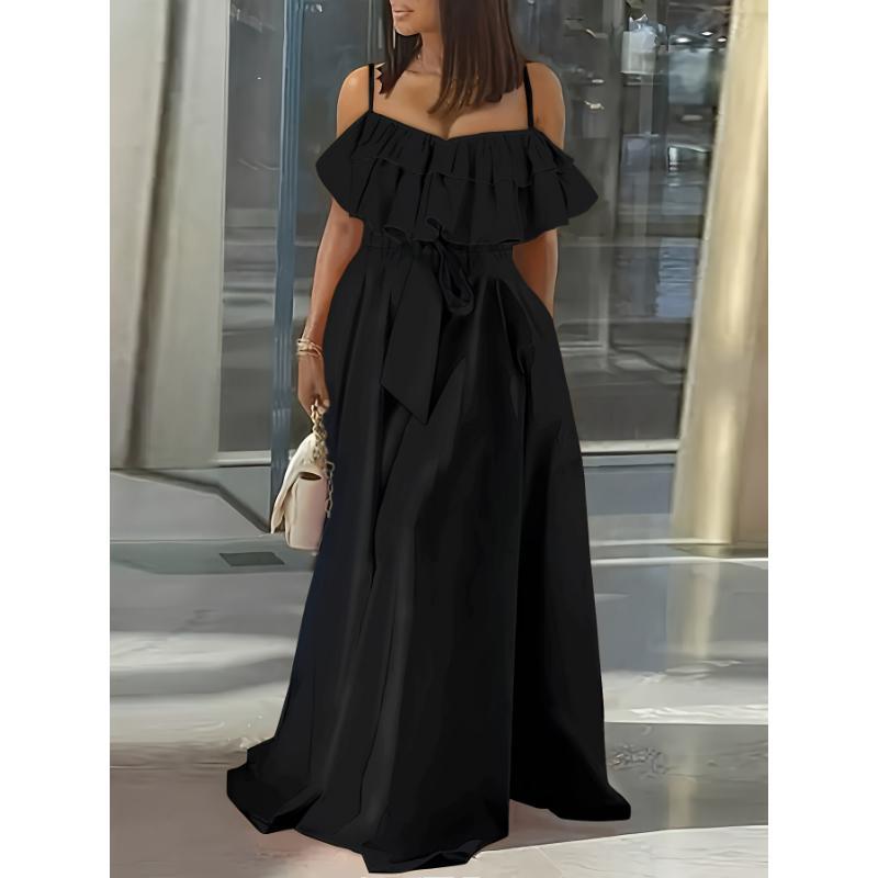 Ruffle Trim Sleeveless Cami Dress, Tie-waist Strap Maxi Length Dress, Women's Clothing Elegant Loose Midi Flowery Backless Mini white  dress  girl shein body con summer  outfits prom chain decor Renaissance Lace-Up drop  waist  gown