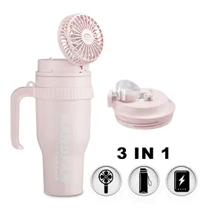 HandFan 40 oz tumbler 3 in 1  BPA Free Insulation bottle mini Portable fan Power bank Gift for Hiking Camping Travel Party Sports Workout Outdoor activity  Pink Thermos for Amuzement Park Office Truck Driver Summer Essential
