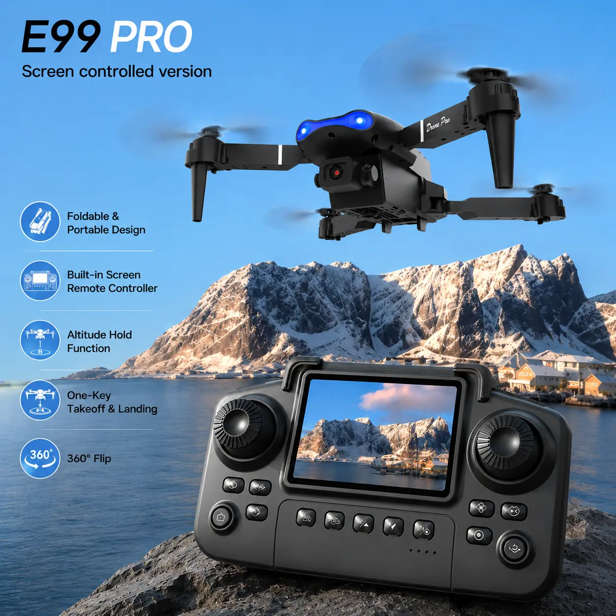 E99 PRO Drone with 4K Camera, Foldable FPV Quadcopter, 45Mins Flight with 3 Batteries，E99 PRO FPV Drone 4K Camera, Foldable RC Quadcopter, WiFi Real-time Transmission, APP/Remote Control