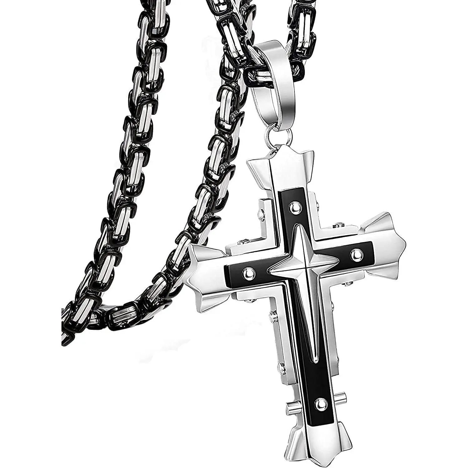 YADOCA 5MM Stainless Steel Cross Necklace Pendant for Men Byzantine Chain Necklace 56CM 61CM,71CM