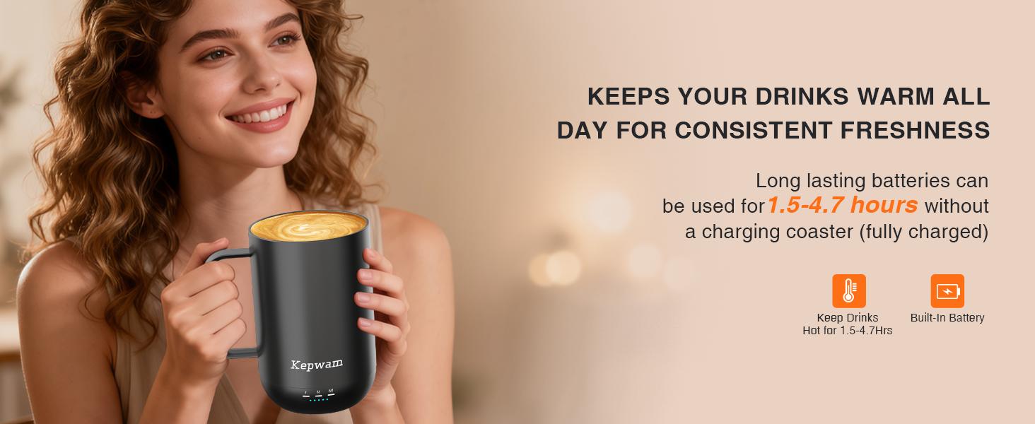 Kepwam Self-Heating Coffee Mug T1-16oz, Fast Heating Rechargeable Heated Coffee Mug, Smart Mug with App & Button Control, Ideal Gift for Coffee Lovers & Hot Drink Enthusiasts