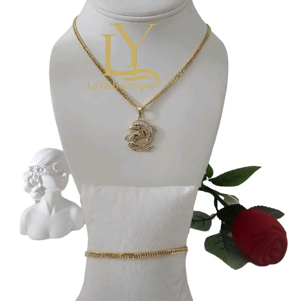 LaYaiBoutique #1975 Dolphin Necklace and Bracelet Set 14k Gold Plated