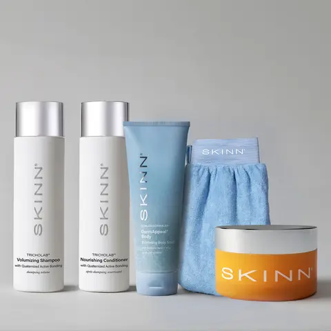 SKINN Cosmetics: The Everything Shower Kit | Shampoo + Conditioner + DermAppeal Body + Luminous Body Butter+ Terry Cloth Mitt