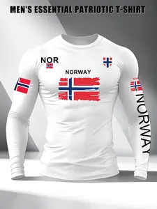 Men's Long Sleeve Sporty T-Shirt, Breathable Stretch Soft Fabric, Norway Flag Letter Print, Comfortable Durable Top for All Seasons