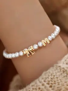 Women's Zirconia Bubble Initial Bow Bracelet, All Weather Bangles, Classic Faux Pearl Beaded Design, Stainless Steel Chain Material, All-Season Wear