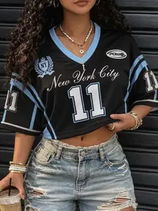 Loose New York 11 Short Sleeve Top, Y2K Blokecore Style V Neck Streetwear, Vintage New York Print Women's T-Shirt, Trendy Fashion