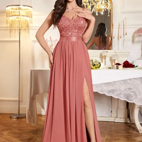 Miusol 55815A Women's Elegant Sparkly Glitter V-Neck Sequin Sexy High Slit Formal Wear Bridesmaid Long Gown with Zip - for Proms,Weddings,Galas Formal Events, Party, Formal Dresses For Women