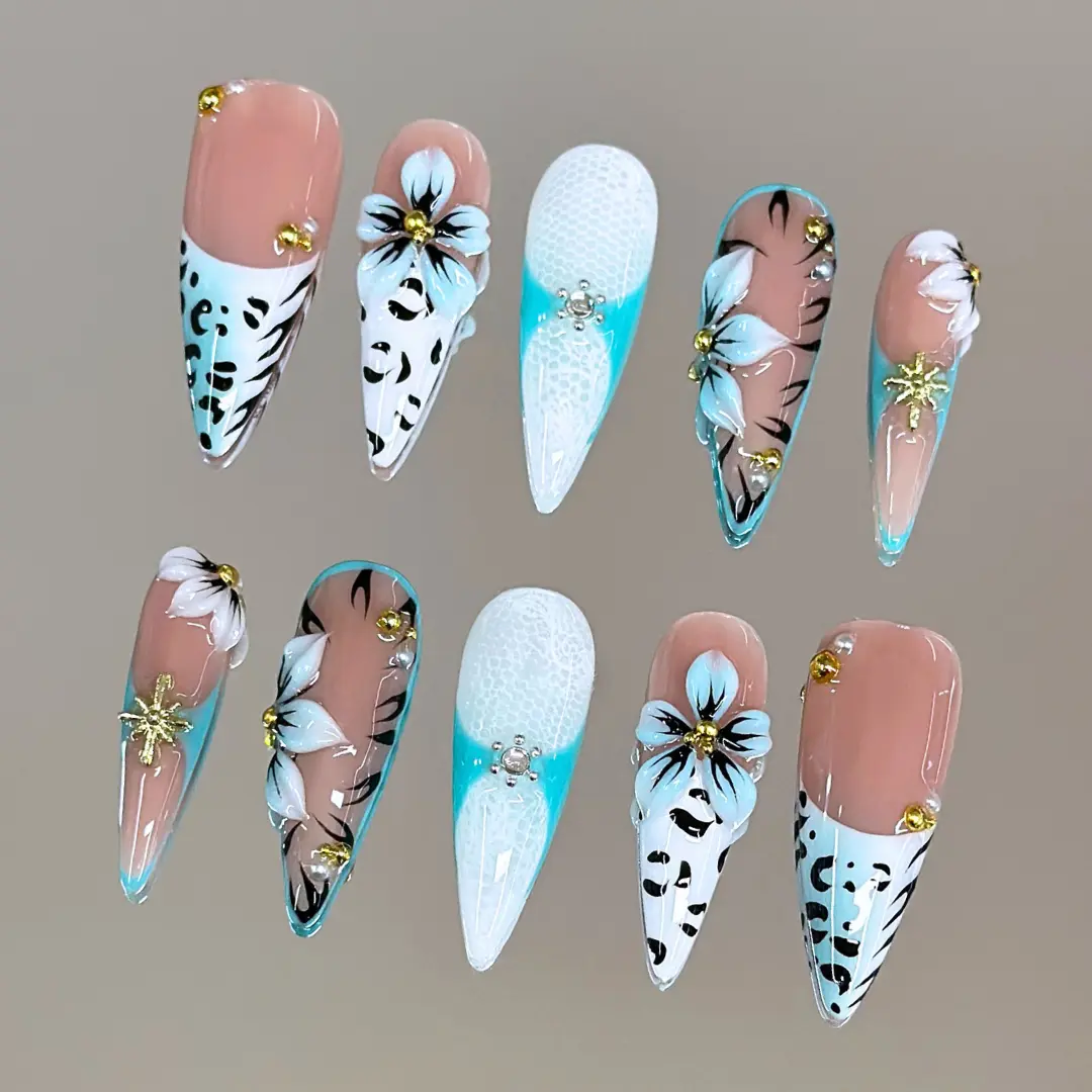 NailVesta EMERALD SAFARI – 100% Handcrafted 3D Press-On Nails | Reusable, Long-Lasting, Salon-Quality black lace nail art nail art