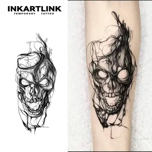 INKARTLINK Tattoo Tech, 2 Sheets Large Semi Permanent Tattoo, Adult Art Design Temporary Tattoos, Lasts 1-2 Weeks, Waterproof, Realistic Look, No Adhesive, No Reflection (Skull Head Design)