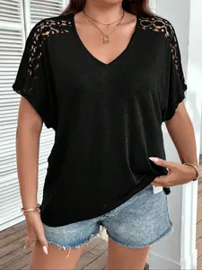 【Plus Size】 Solid Color Tee, Classy Casual Basic Short Sleeve Vneck T-shirt, Women's Plus Size Summer Clothing for Daily Wear, Womenswear, Shortsleeve Tshirt, Top