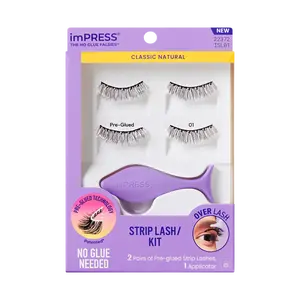 Impress Falsies Pre-Glued Strip False Eyelashes Starter Kit - Classic Natural | 2 Pairs, With Applicator, 12mm