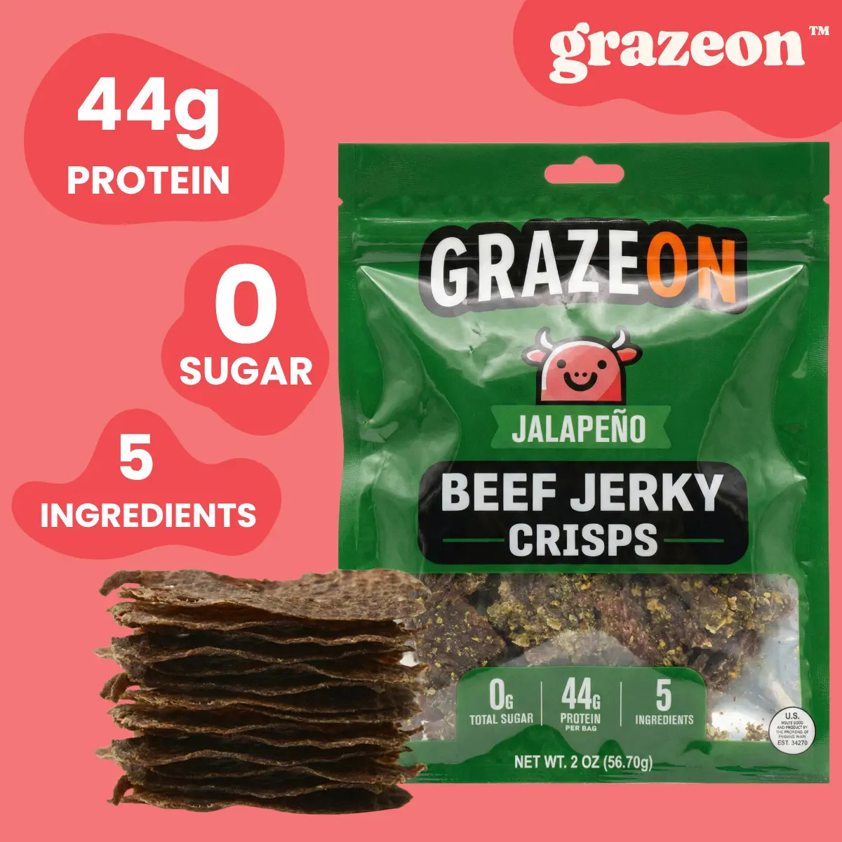 GrazeOn Jalapeño Beef Jerky Crisps High Protein 44g No Sugar Crunchy Air-Dried Meat Snack All-Natural 2.0 oz Low Carb Keto-Friendly
