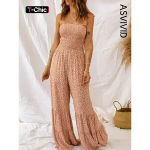 Women's Ditsy Floral Print Shirred Ruffle Hem Wide Leg Cami Jumpsuit, Elegant Fashion Jumpsuit, Boho Tie Shoulder Sleeveless for Beach Holiday Vacation, Ladies Summer ClothesRAIMENTRY