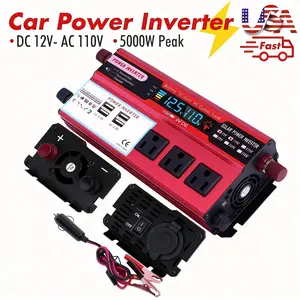12V to 110V 5000W Peak Portable Car Power Inverter, Precision LCD Voltage Display Auto Power Adapter with 3 AC Outlets & 4 USB Fast Charging Ports for Camping and Road Travel