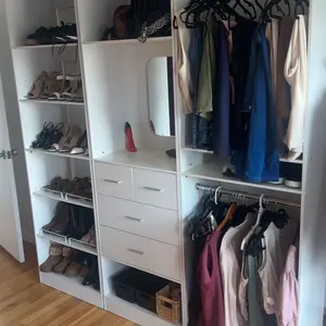 Cyclysio 75” Closet System with Shoe Rack and Hanging Rods, Modern Walk-in Closet Organization Wardrobe with Wooden Drawers and Mirror and Shelves