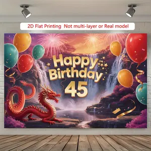 2D Flat Banner, 2D Plan, 1 45th Birthday Red Dragon Chinese New Year Banner - Red Dragon themed party decoration, suitable for homes, rooms, walls - Suitable for Chinese New Year party background decoration all n