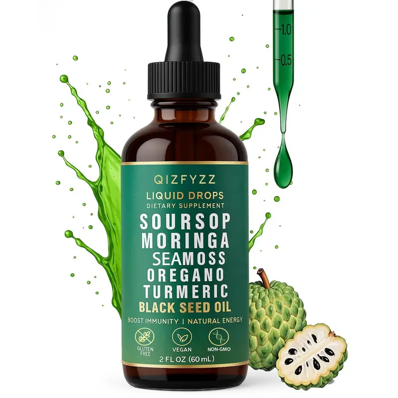 qizfyzz 10-in-1 Organic Soursop Bitters Liquid Drops - Vegan & Non-GMO Adaptogenic Vitamins Supplements, Botanical Extracts for Digestive & Antioxidant Support, 2 fl. oz