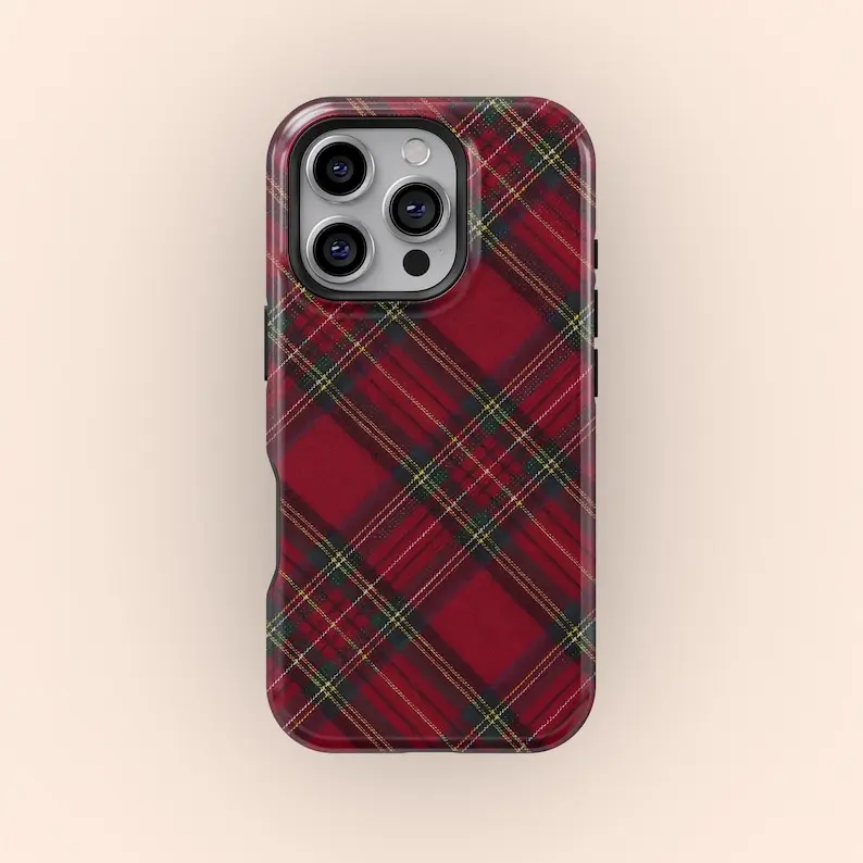 Red Plaid Phone Case, Classic Tartan Checkered Phone Cover, Vintage Red Green Pattern Case, Preppy Holiday Aesthetic Protective Case