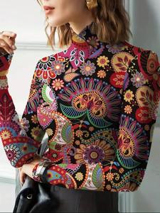 women's floral print patchwork high neck tee, elegant casual long sleeve t-shirt for spring & fall, ladies clothes for daily wear