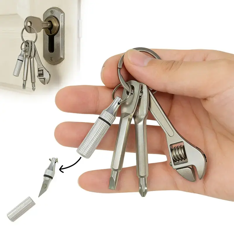 Solid Copper 4-in-1 EDC Multi-Tool Keychain, Mini Pocket Tool with Utility Knife, Phillips-Flathead Screwdriver Bits, Adjustable Wrench, for Men, Camping & Home Repair, Ideal Gift