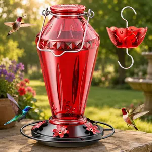 Birdream Hummingbird Feeders for Outdoors, 25oz Glass Hummingbird Feeder with Perch & 5 Bee Guard Feeding Ports, Leak Proof, Includes Ant Moat and Cleaning Brush, Gift for Women Mom, Red