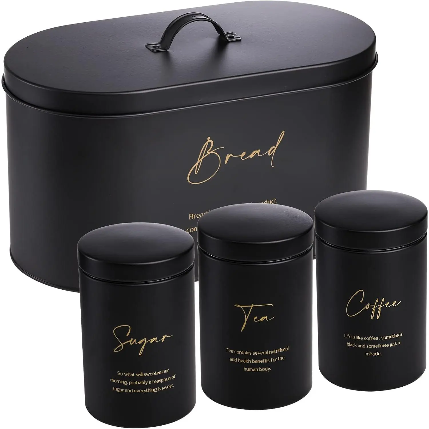 Set of 4 Bread Box and Canister for Kitchen Countertop  Metal Bin Sugar Tea Coffee Storage with Lid Biscuit Tin Loaf Pastry Dry Food Black