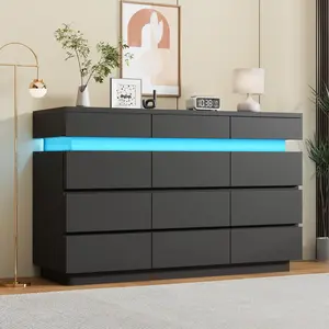 Garvee 9 Drawer Dresser for Bedroom, 59" Wooden Dresser with LED Lights and Large Storage Drawers, Modern Dressers & Chests of Drawers with Anti-Tipping Design for Living Room Bedroom (Black, 12 Drawers)