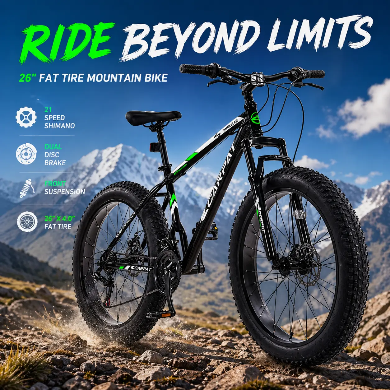 Fat Tire Mountain Bike 26 Inch 21 Speed Shimano Gear MTB for Adults Youth Dual Disc Brakes Front Suspension High Carbon Steel Frame All Terrain Off Road Trail Riding Urban City Commuter Outdoor Sports Gift Idea Multiple Color
